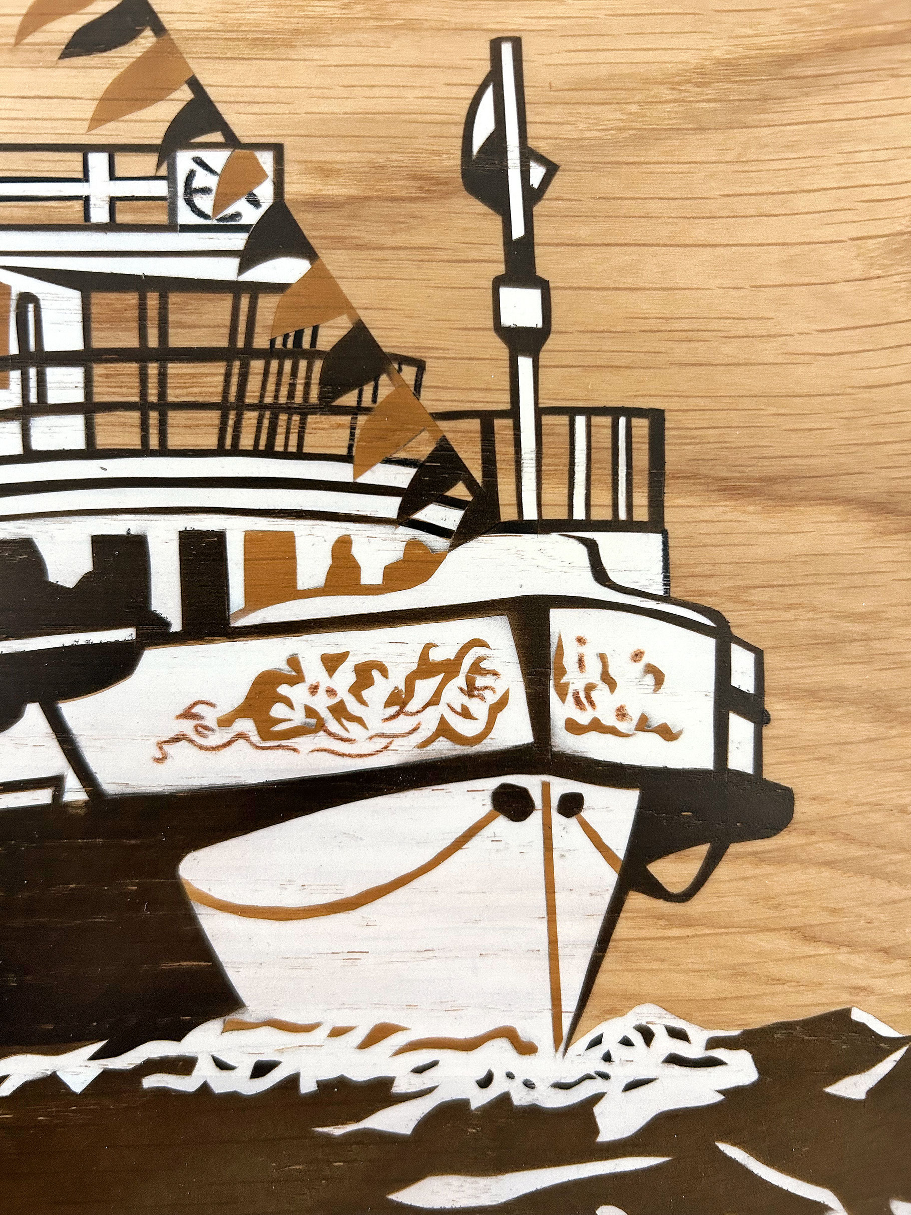 Detail der von Hand gemalten Dampfschiffillustration auf Lindenholz