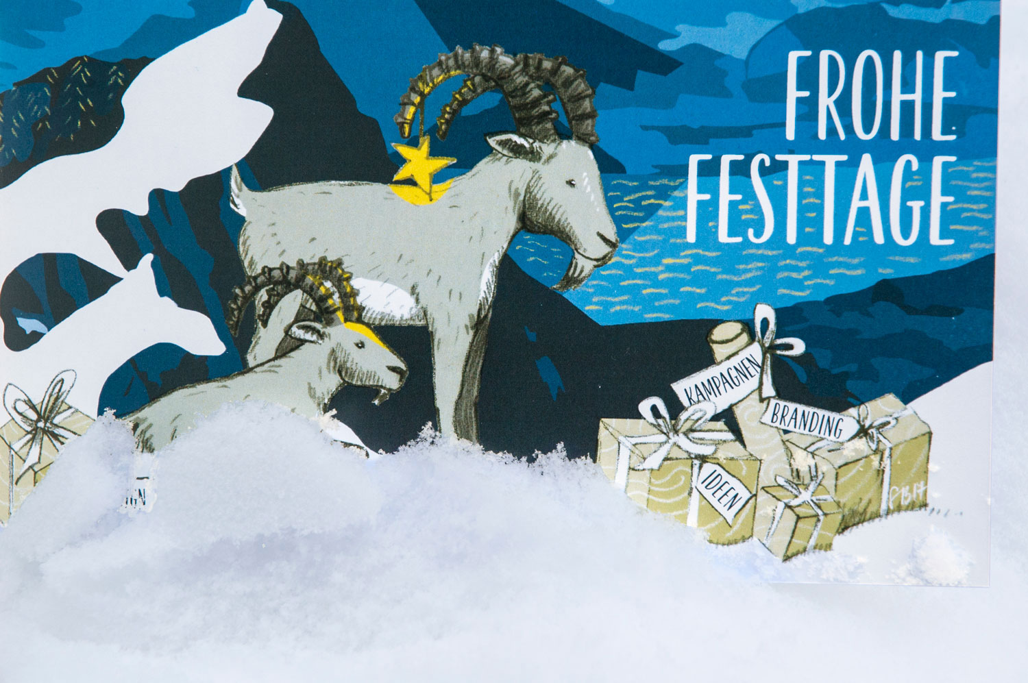 Illustrierte Weihnachtskarte mit Steinböcken am Thunersee