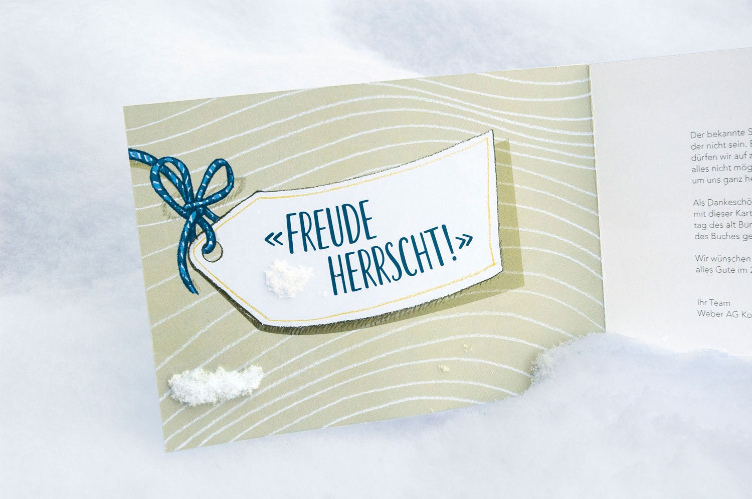 Innenseite der Weihnachtskarte mit dem Schriftzug Freude herrscht