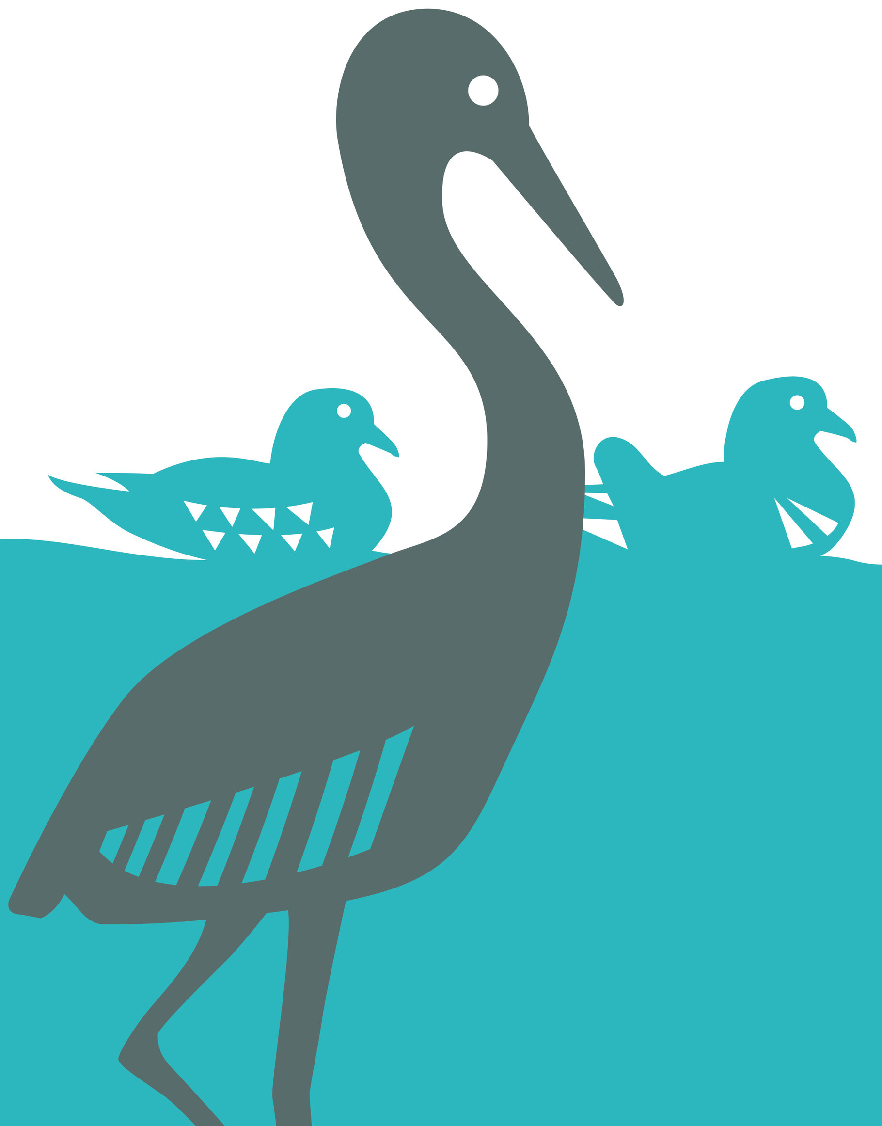 Illustration eines Reihers und weiterer Wasservögel